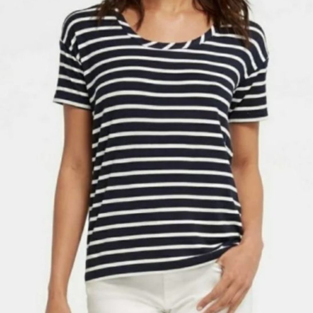 DRAPER JAMES Women's Supersoft Loose Fit Striped Tee Shirt Blue White Siz  Small